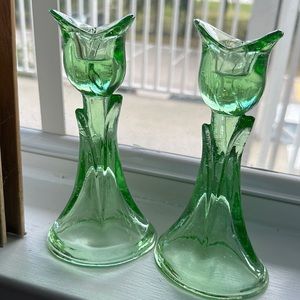 # Antique Art Deco Green Depression Rare Tulip Candle Sticks